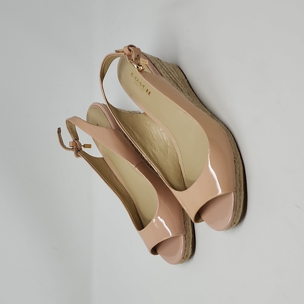 Coach Harmony Peach Rose Slingback Peep Toe Low Wedge Espadrilles Size 7.5